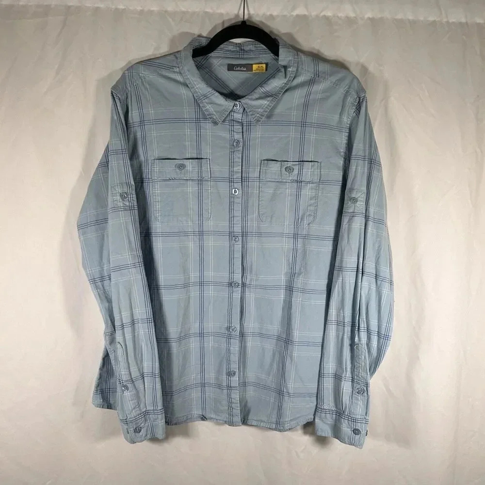 Cabela's Shirt Men's XL Blue Plaid Long Sleeve Button Up Collared